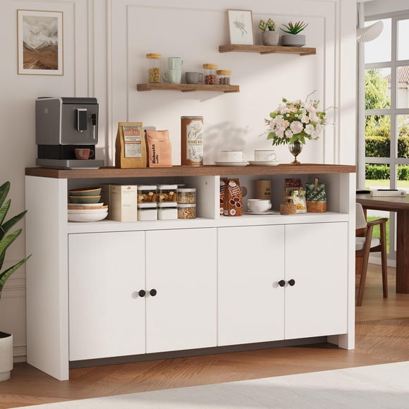 Buffet Sideboard Cabinet with Storage, 55inch Large Farmhouse Kitchen Storage Cabinet with 4 Doors and Adjustable Shelves, for Kitchen, Dining Room, Living Room