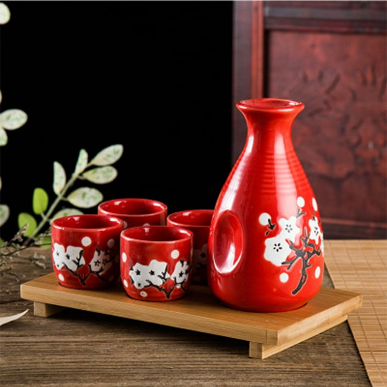 CoreLife Sake Set, Traditional 5-Piece Porcelain Ceramic wide Japanese Sake  Set with 12oz Bottle and 4 2oz Sake Cups - Red Blossom Flower