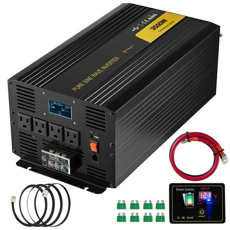 KFFKFF Clean Sine Wave Converter 3500W Energy Converter, DC 12V to AC 120V Vehicle Converter, equipped with USB Port LCD Display Remote Controller and AC Outlets (GFCI)