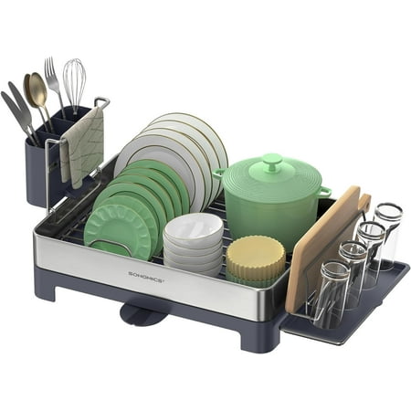 SONGMICS Dish Drying Rack, Kitchen Dish Drainers with 360° Rotatable Spout, Stainless Steel, Silver