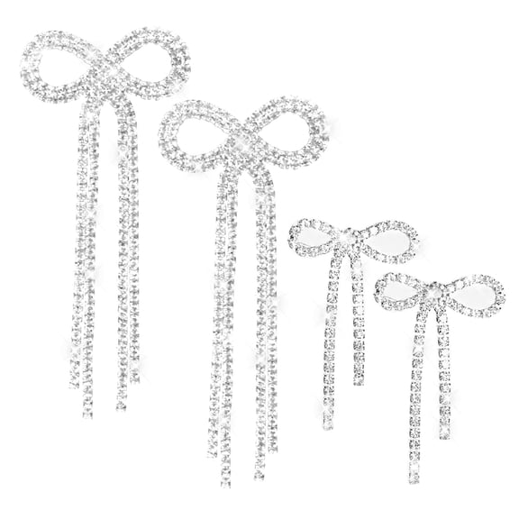 2 Pairs Silver Rhinestone Bow Earring Studs Women Sparkly Bowknot Dangling Drop Earrings with Tassel Chains for DIY Earrings Jewelry Findings Bridal Wedding Party Gifts