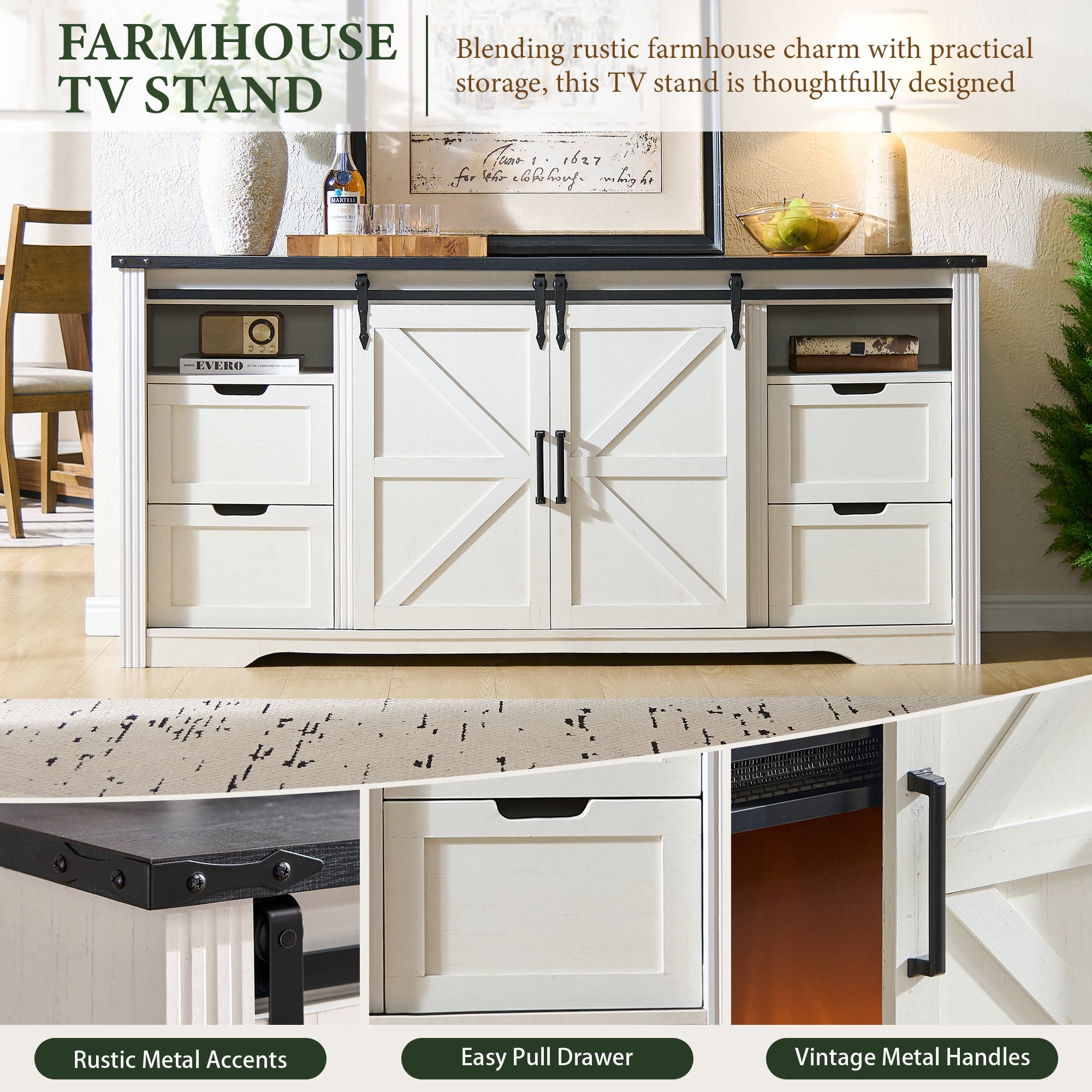 IFMUST Farmhouse Fireplace TV Stand for TVs up to 80", 30" Electric Fireplace & Barn Door