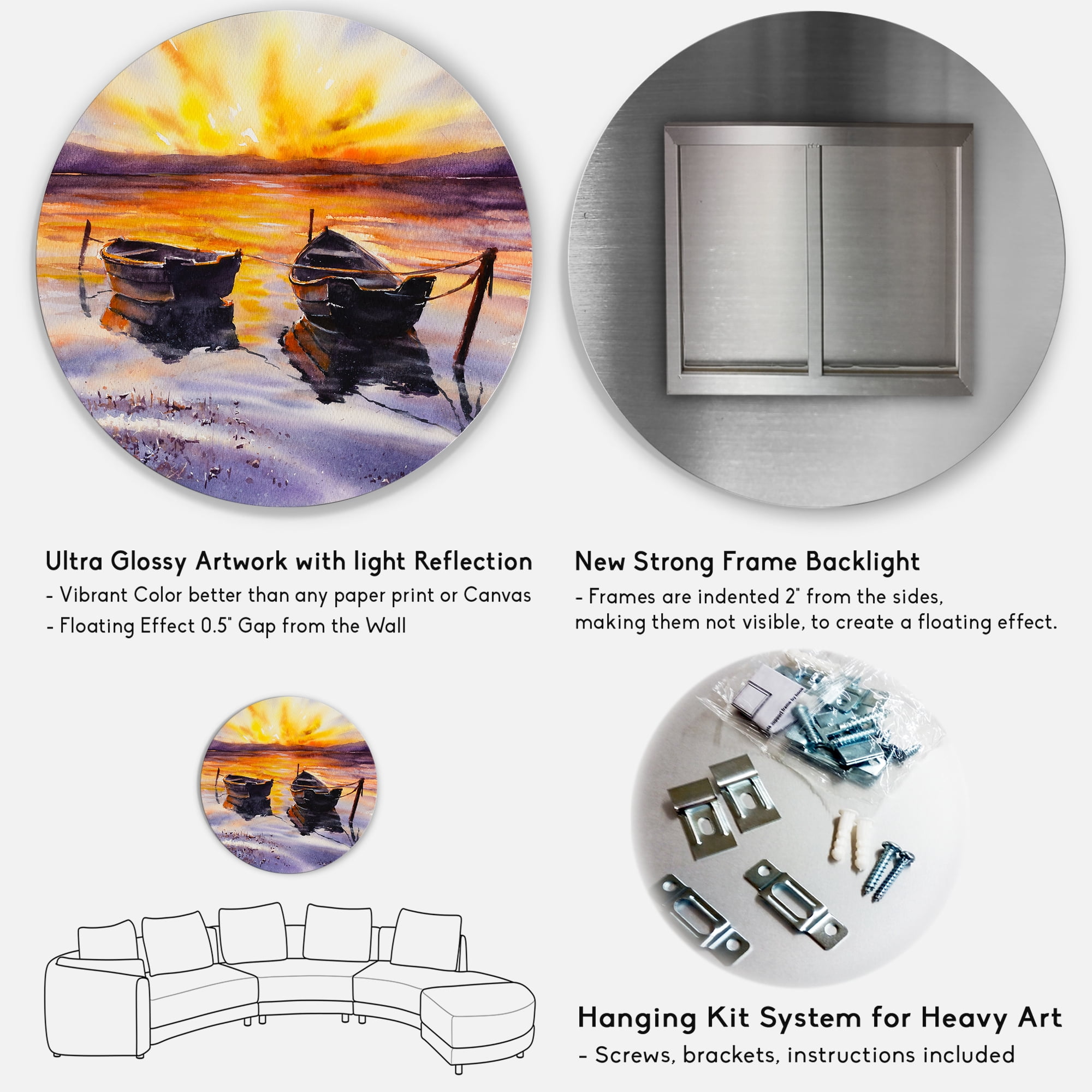 Designart 'Two Small Boats Parking On The Shore and Sunset' Lake House Circle Metal Wall Art 36x36 - Disc of 36