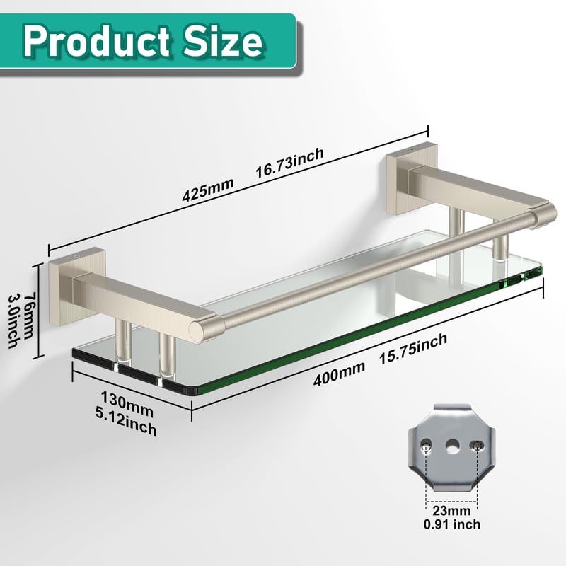 Glass Shelves for Bathroom, 16IN Brushed Nickel Bathroom Shelves for Wall Rectangular Stainless Steel Tempered Glass Modern use for Shelf Sink Over Toilet