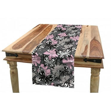 Butterfly Table Runner, Ornamental Romantic Summer Vegetation Vibrant Backdrop Monochrome Animals, Dining Room Kitchen Rectangular Runner, 3 Sizes, by Ambesonne