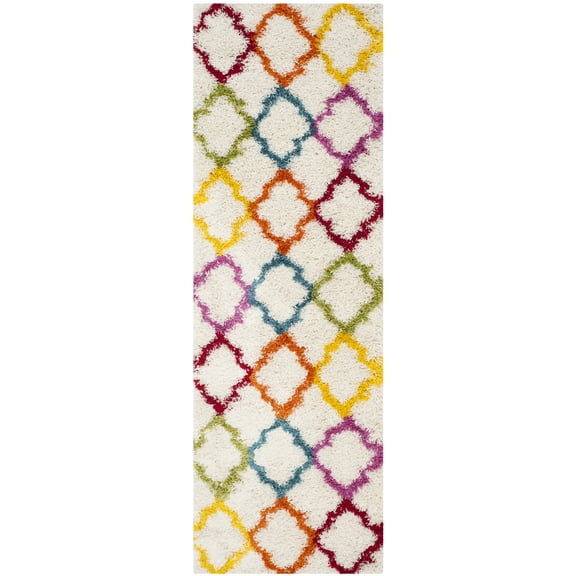 SAFAVIEH Kids Colorful Plush Quatrefoil Shag Runner Rug, Ivory/Multi, 2' x 11'