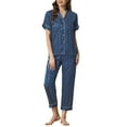 thumbnail image 2 of INSPIRE CHIC Women's Satin Button Down Short Sleeve Shirt with Long Pants 2 Pcs Pajama Set S Navy Blue, 2 of 5