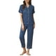 thumbnail image 2 of Conjunto de pijama de 2 piezas para mujer INSPIRE CHIC, camisa de satén de botones cortos con pantalones largos, talla XL, azul marino, 2 of 5