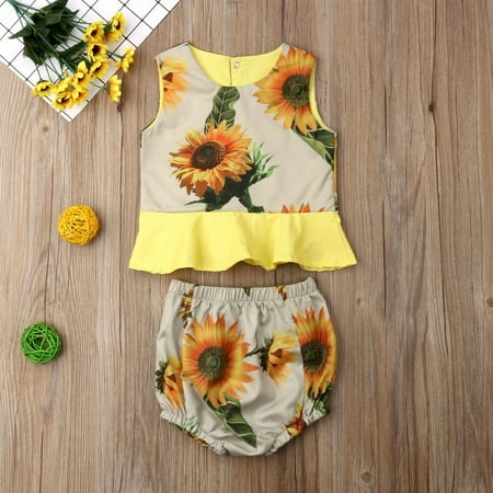 

2PCS Toddler Baby Girls Sunflower Printed Sleeveless Ruffle Hem Top + Floral Elastic Waist Bottoms Suit Set