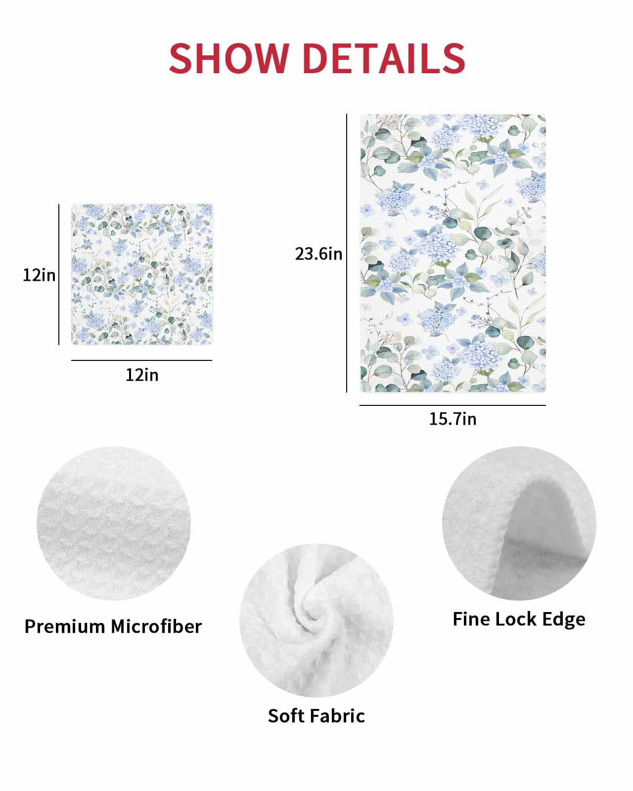 Blue Flower Kitchen Dish Towels for Drying Dishes Set of 3, Sage Green Eucalyptus Leaf Farmhouse Country Waffle Weave Microfiber Terry Hand Tea Bathroom Towels Quick Dry & Absorbent Towel 15.7x23.6