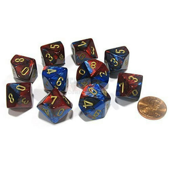 Chessex Dice Sets: Gemini Blue & Red with Gold - Ten Sided Die d10 Set (10)