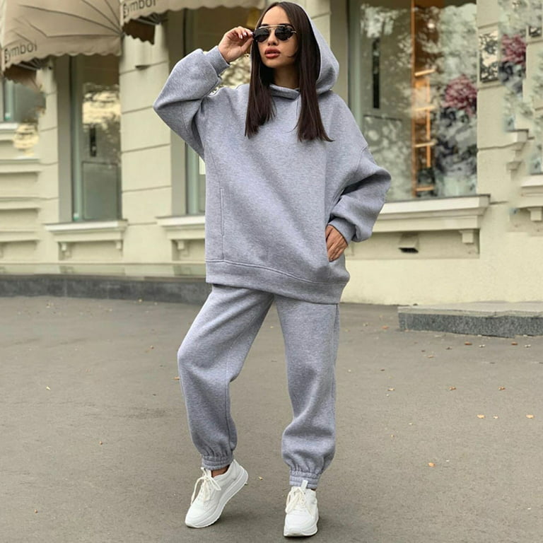2-Piece Hoodies Set Solid Color Pullover Sweatshirt & Sweatpants Thick  Tracksuit Long Sleeves Baggy Pants Loose Fit Women's Clothing for Casual  Sports S Light Gray 