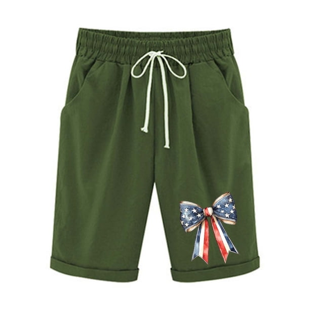 Pantalones de Cintura Elásticos para Mujeres, Día de la Independencia Impreso Casual Medio Cortos con Bolsillos para Diarios Y Al Mar