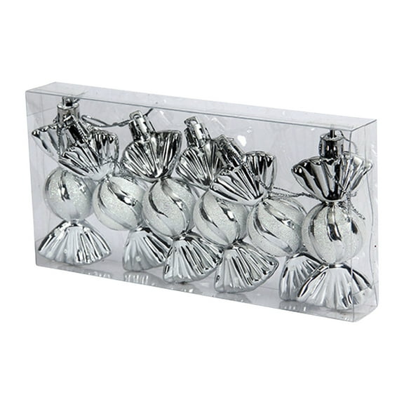 6 Pcs Christmas Candy Ornament Set - Glitter Plastic Peppermints & Candy Jars, Hanging Decor for Christmas Tree, Home Holiday Party, Cross-Border Gift Box, 3.15in/8cm, Silver