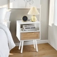 thumbnail image 2 of GZXS Modern Farmhouse Rattan Bedside Table with USB & AC Outlets, 2-Tier Nightstand with Drawer and Open Shelf, Compact End Table with Charging Station for Bedroom, Living Room, White, 2 of 9