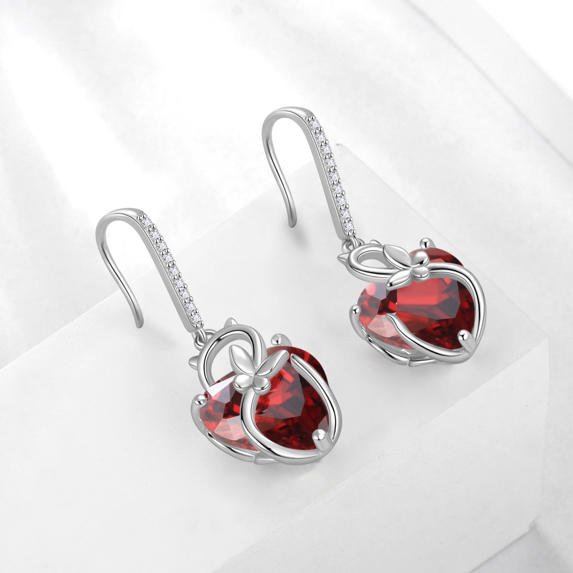 Juwaliy Cat Butterfly Earrings for Women 925 Sterling Silver Earrings Dangle Hook Red Heart Garnet January Birthstone Jewelry Mother Christmas Birthday Valentine's Day Gift for Mom Wife