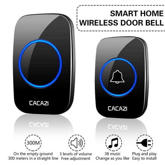 OUSITAID Wireless Doorbell, Plug-in Receiver, Waterproof Push Button with 1000 Ft Operating Range, 3 Volume Levels, 38 Melodies For Home Office Classroom (1 Plug-in Receiver, 1 Button, Black)