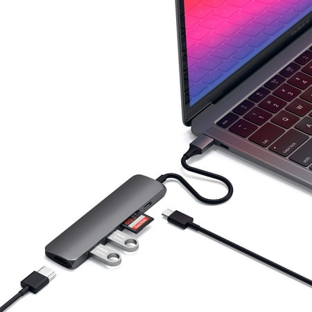 Satechi - Slim Multi-Port Adapter V2 with USB-C PD, 4K HDMI, Micro/SD Card Readers, USB 3.0 for MacBook, Windows Laptops - Space Gray