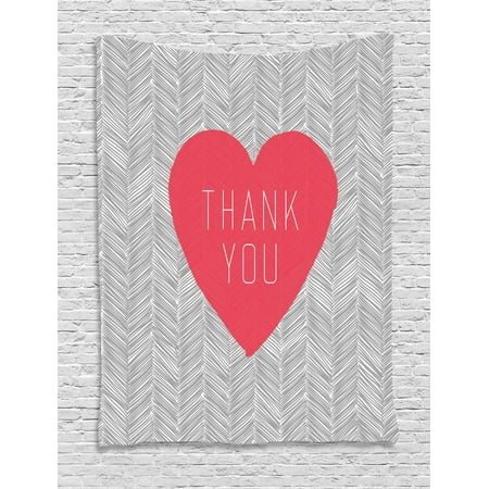 Heart Center Of The Oranges Thank You Tapestry, Centered Big Heart Text Inside Short Stripes Love Theme Hatched Style, Wall Hanging for Bedroom Living Room Dorm Decor, 40