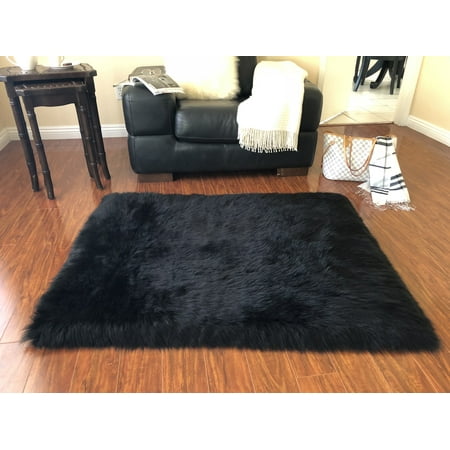 Square Black Shag Rug - Super Soft Faux Sheepskin Silky Shag Rug, Black 3'6