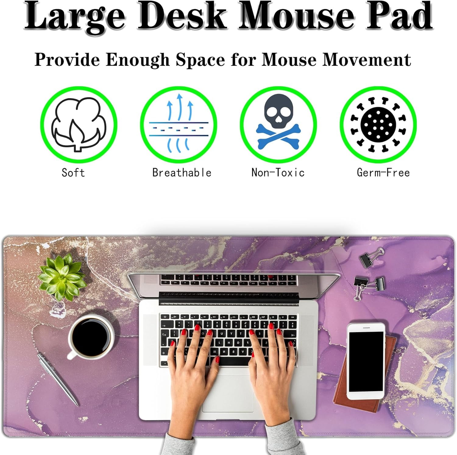 Gaming Mouse Pad Purple Mat, XXL Mousepad Gaming Mouse Pad for Women Desktop Mats, Office Pad Non-Slip Rubber Base Waterproof with Stitched Edges, 35.4 X 15.7 inch for Work/Game/Office/Home