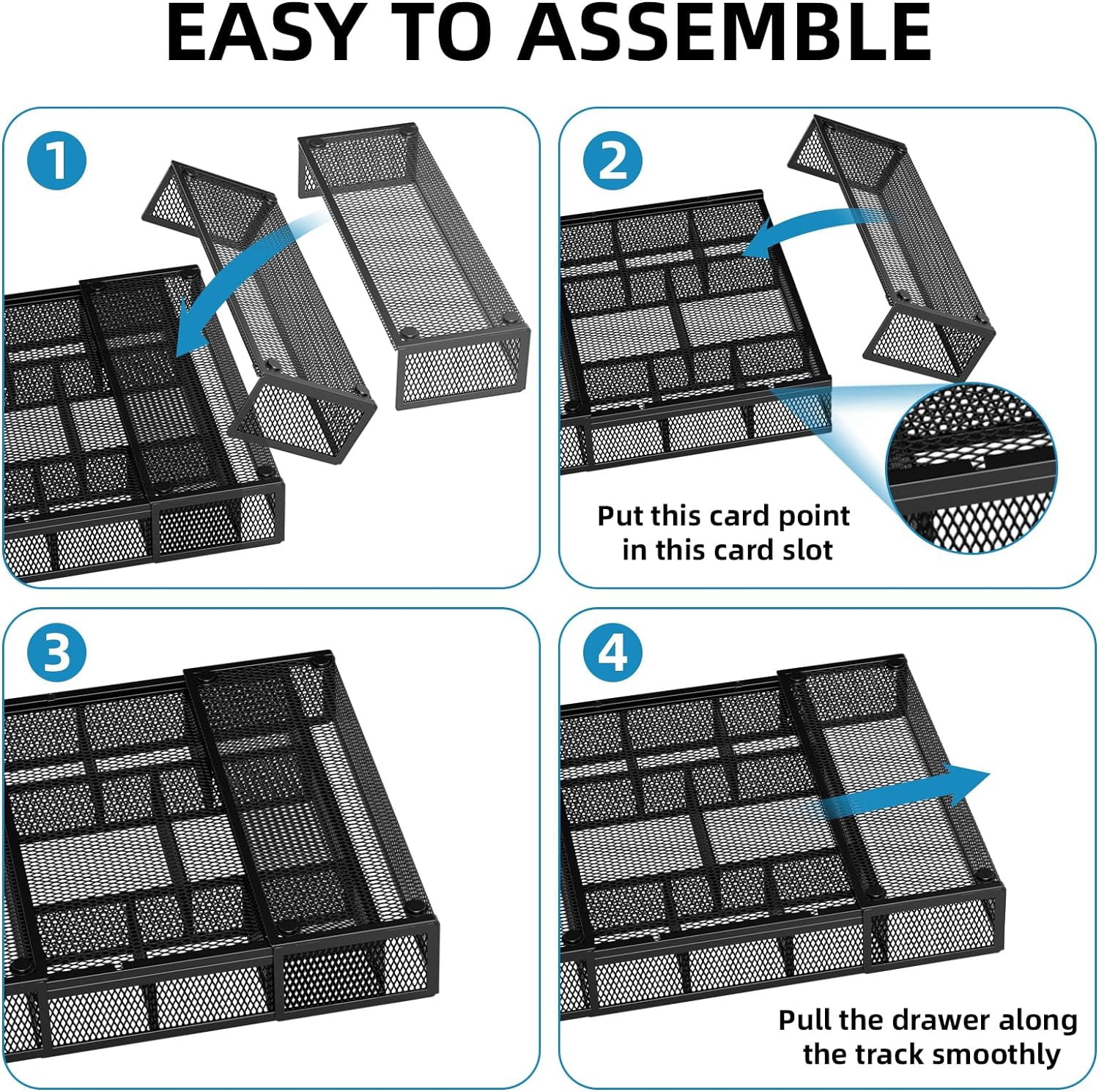 Expandable Desk Drawer Organizer, Mesh Drawer Organizer Tray with 10 Adjustable Compartments, Desk Organizers and Accessories for Office Supplies, Makeup & Vanity (Expandable Black-2 pack)