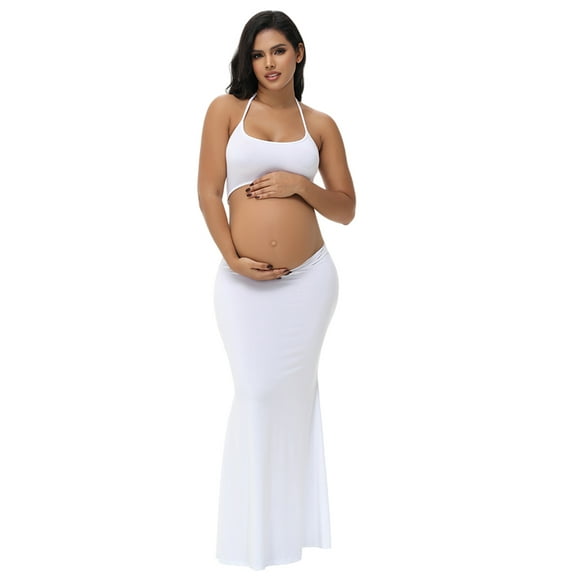 Maternity Summer Hollow Belly Open Back Baby Shower Dress Halter Bodycon Long Gown For Photoshoot