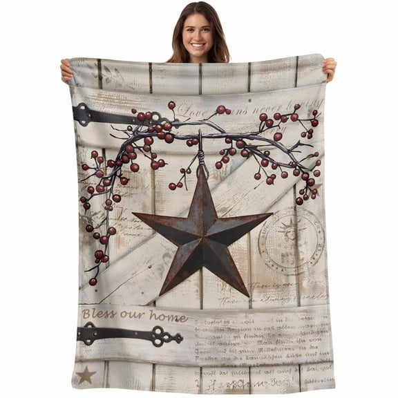 Texas Star Vintage Blanket Soft Cozy Warm Throw Blanket for Couch, Plush Fuzzy Flannel Fleece Blankets for Sofa, Brown Retro Berry Beige Wooden Branches Bed Blankets Gifts for Men, 40"x50"