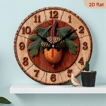 2D Flat 1pc 10Inch Wooden Rustic Wood-Look Acorn Leaf Wall Clock - Large Round 10Inch Silent Quartz Movement, Artificial Wood Oak Tree Design with Green Numbers Brown Face, Golden Hands