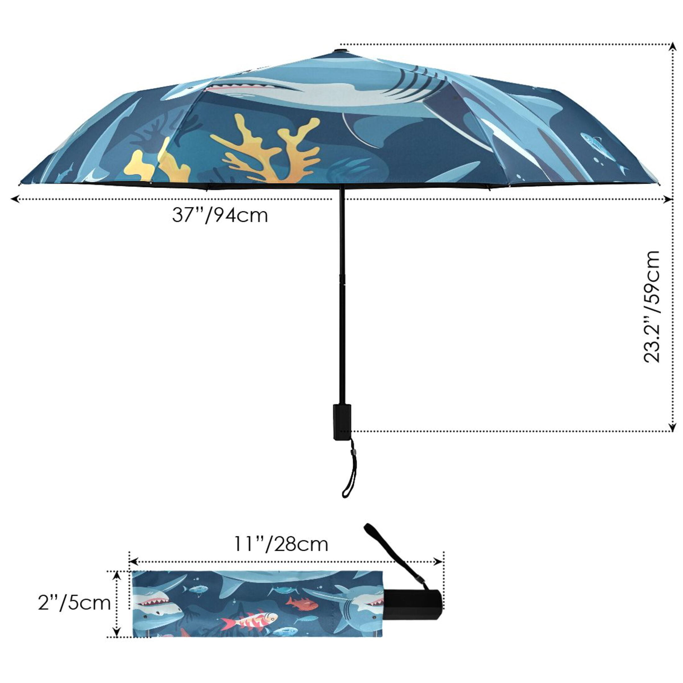 Cartoon Sharks Underwater Compact Sun Umbrella Windproof Travel Umbrellas for Rain Strong Portable UV Protection