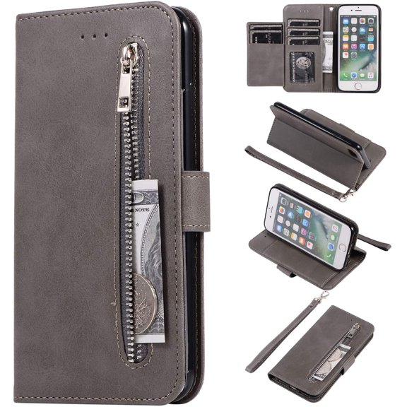 Wallet Case for iPhone 6 iPhone 6S, 5 Card Slots Magnetic Closure Zipper Pocket Handbag PU Leather Flip Case with Wrist Strap TPU Kickstand Cover for iPhone 6/6S - Gray