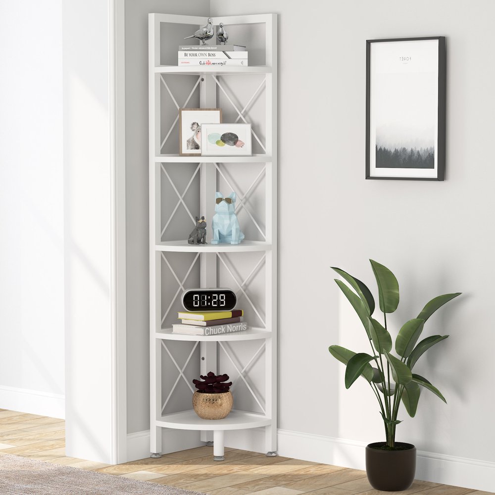 Tribesigns 5 Tiers Corner Shelf Bookshelf, Modern Small Corner Bookcase Plant Stand, White