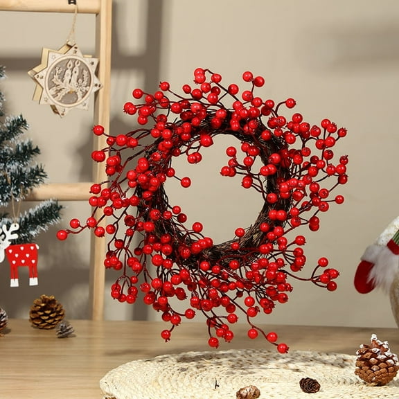 Artificial Red Berry Bead Wreath for Front Door Easter Decoration Hanging Decorations Summer Green Wall Hanging Decorations for Outdoor Home Decor-15" for Thanksgving Halloween Christmas