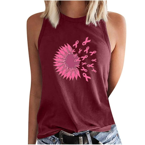 IROINNID Breast Cancer Tank for Women Breast Cancer Awareness Casual Sleeveless Printed Ladies Round Neck Blouses Tops T-Shirt,Burgundy