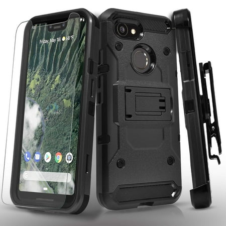 Google Pixel 3 XL Case, With [Tempered Glass Screen Protector Included], Heavy Duty [Tank Armor] Full Coverage Dual Layer Phone Cover with Build in Kickstand and Locking Belt