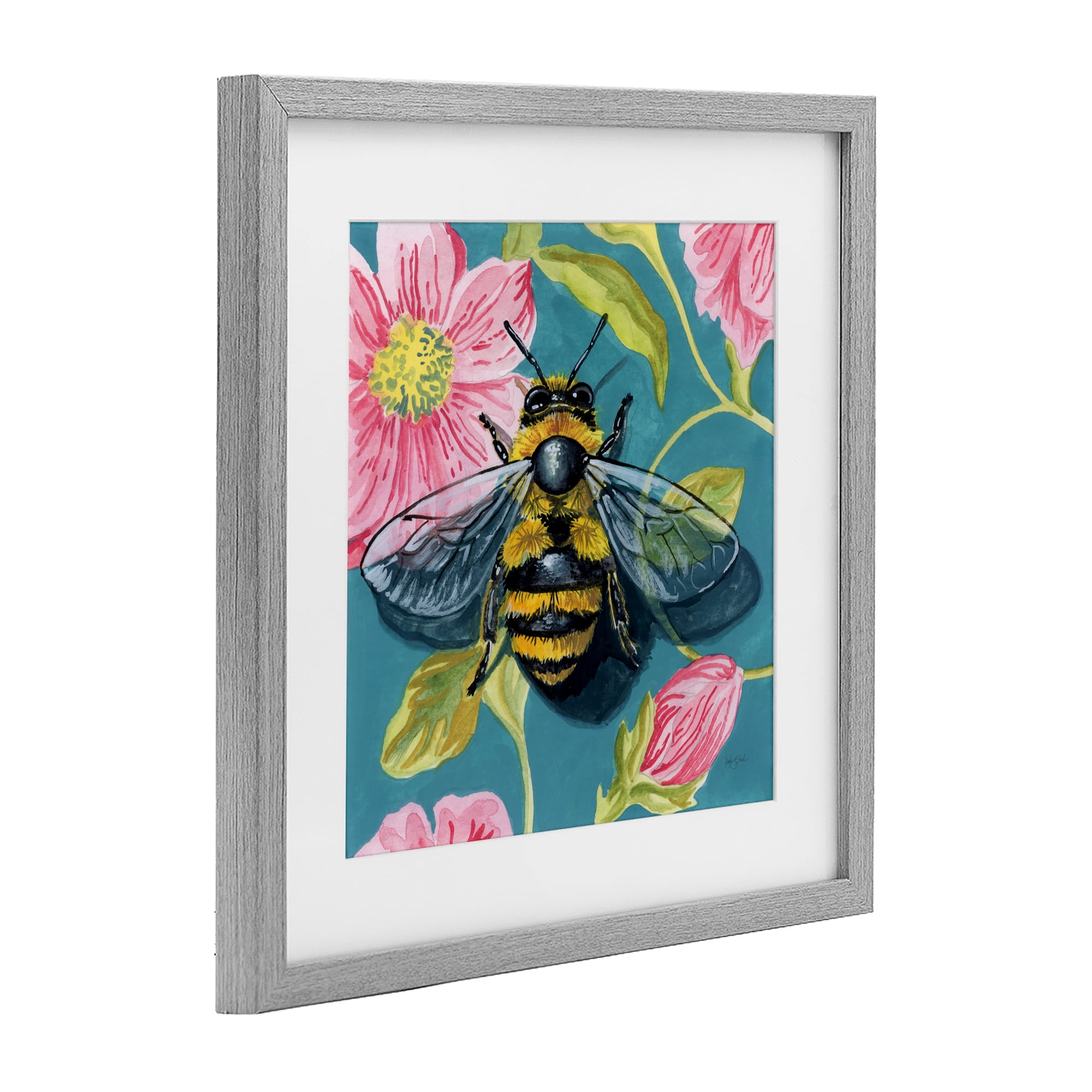 Stupell Industries Fuzzy Bee On Floral Pattern Gray Framed Print Under Glass, design by Kate Jarvik Birch