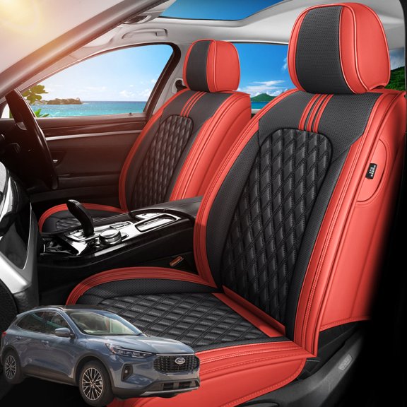 Car Seat Covers Full Set Fit for Ford Escape 2001-2026, Premium Faux Leather Waterproof Breathable Anti‑Slip Seat Protectors, Black&Red