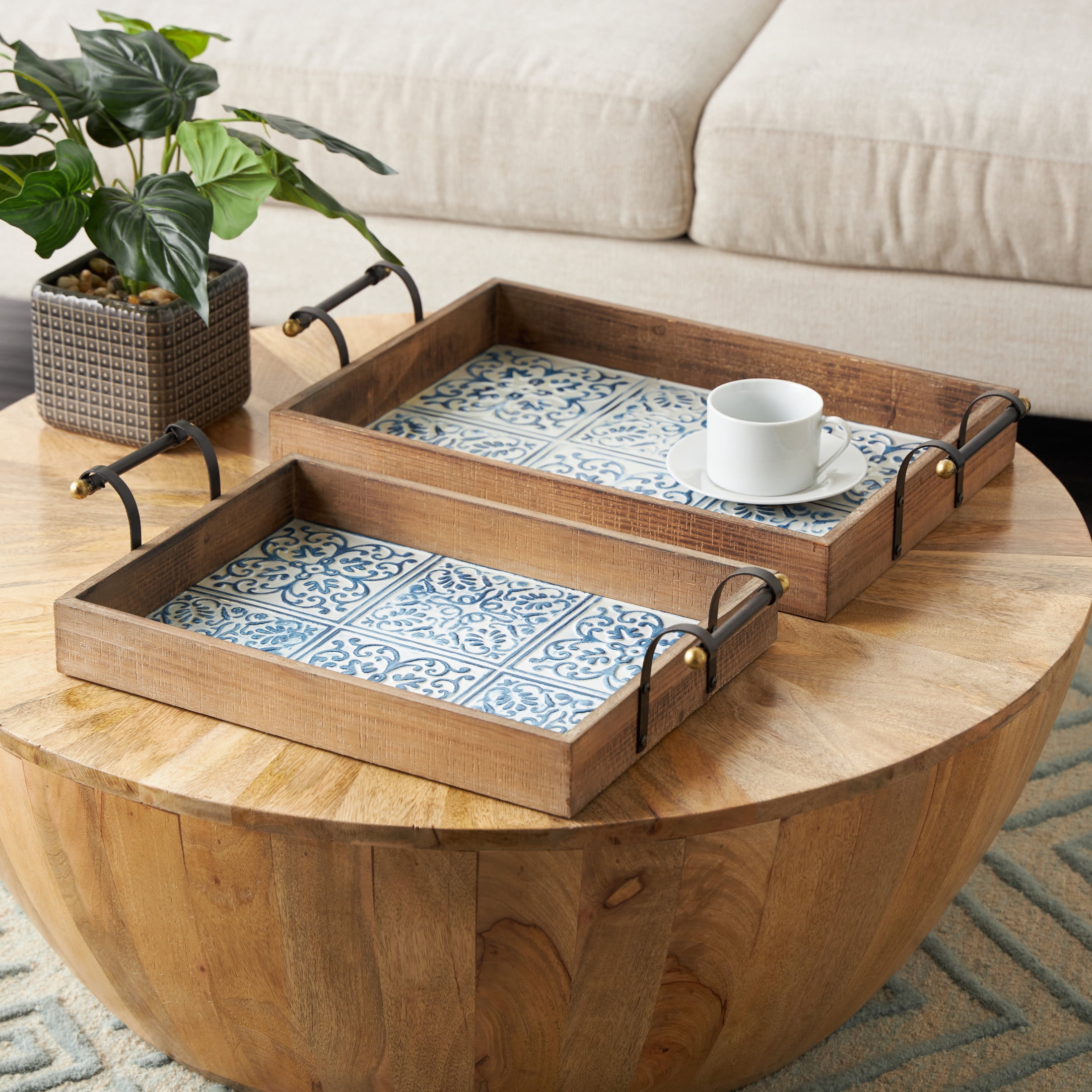 DecMode 23", 19"W Brown Wood Floral Tray with Tile Patterns, 2-Pieces
