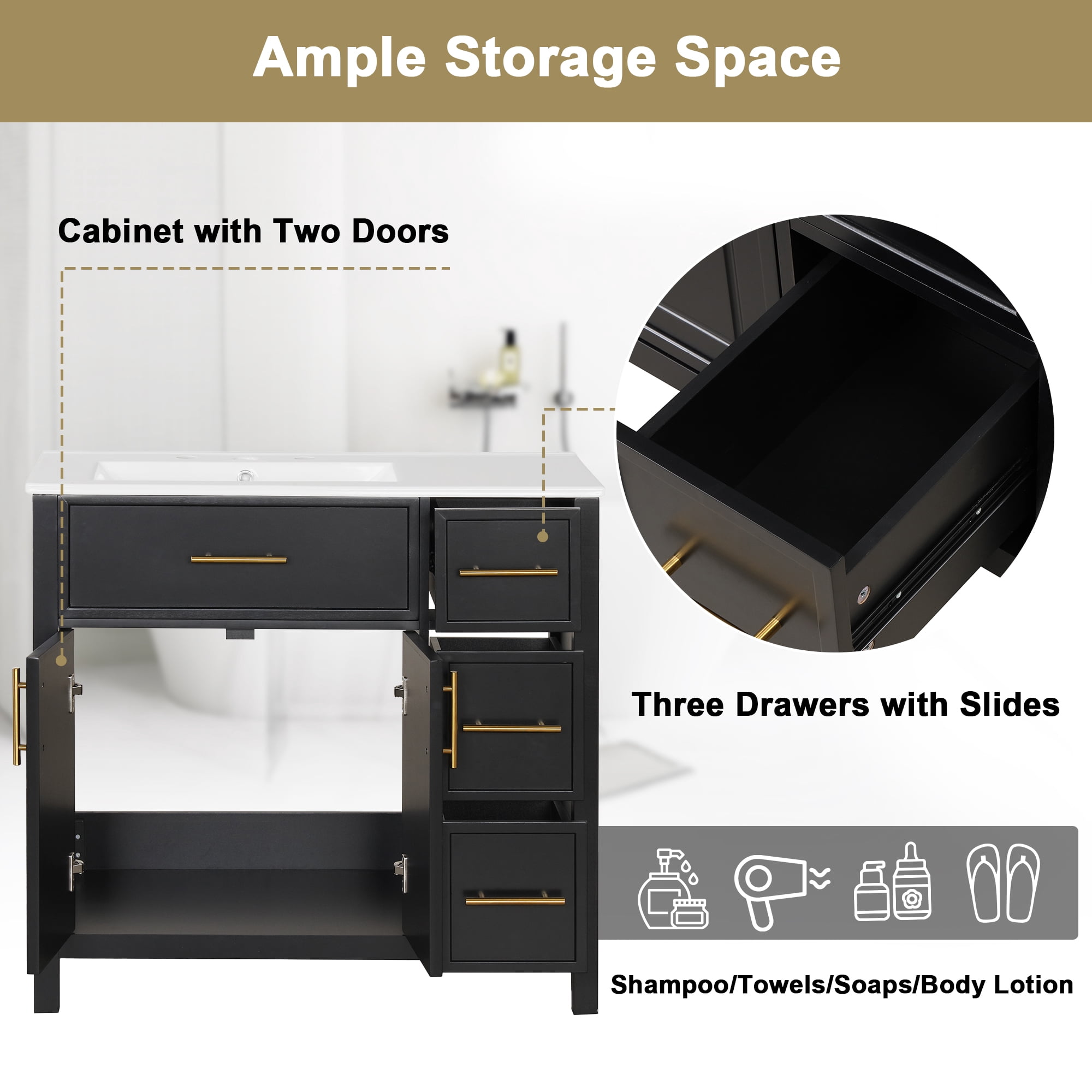 36" Bathroom Vanity with Sink Top, Two Doors and Three Drawers