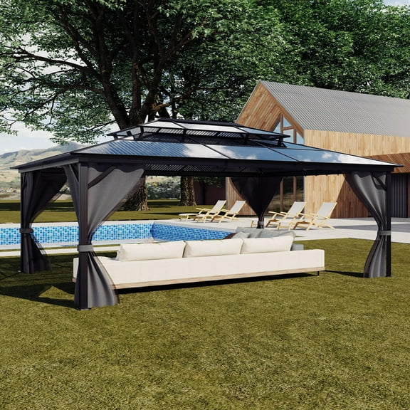 Danolapsi Hardtop Gazebo 12'x16' for All Weather,Double Polycarbonate Sheets Roof, Aluminum Alloy Frame,Net,and Curtain,Permanent Building for Patio,Deck, Backyard,Lawn,and Garden(ship in 4 boxes)