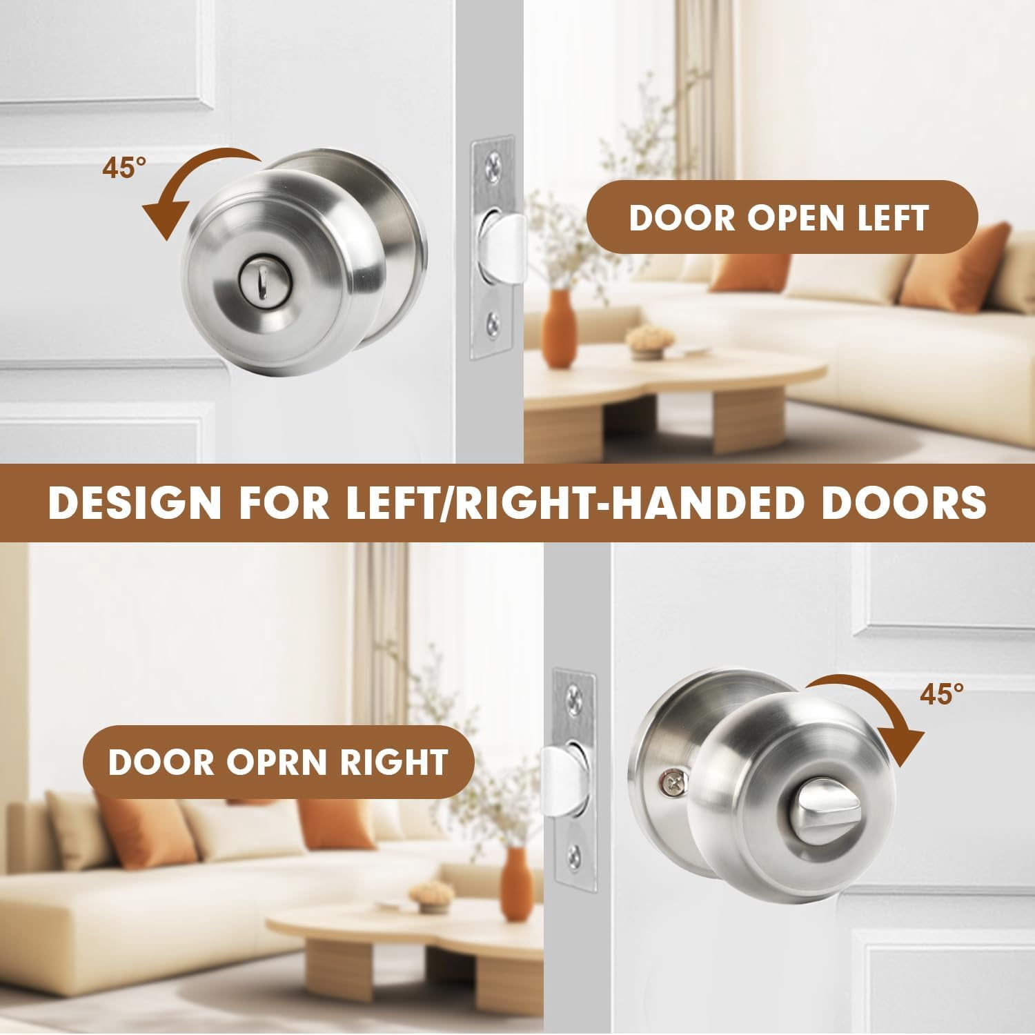 Privacy Door Knobs, 5 Pack Satin Nickel Door Knobs with Lock, Bed and Bath Door Knob Interior Keyless Locksets, Round Door Handles Reversible for Left Right Handed Doors