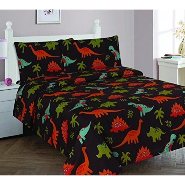 Kids// Teens Dinosaurs Land, Twin Size Elegant Home Multicolors Blue Green Dinosaurs Design Fun Printed Sheet Set with Pillowcases Flat Fitted Sheet for Boys