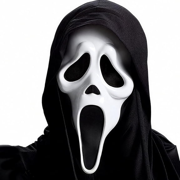 Guvpev Ghost Face Mask, Halloween Costume Mask with Black Stretch Hood, Full Head Horror Cosplay Costume Dress-Up Prop for Halloween Party Decoration