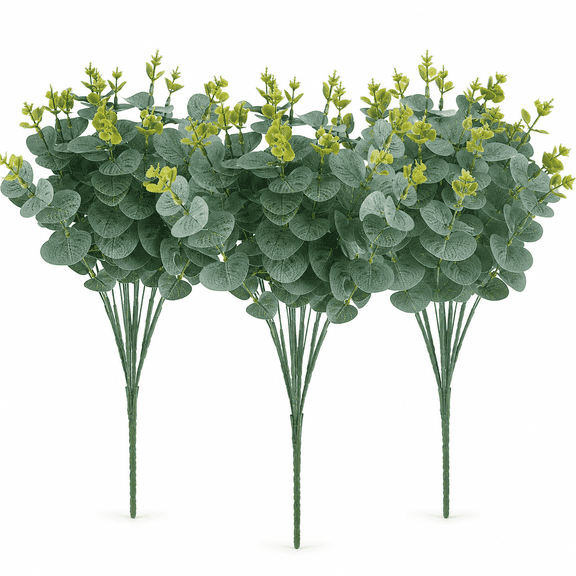 LuckArrives 3 Pack Artificial Eucalyptus Stems, 48 Fake Eucalyptus Branches for Vase, 17" Tall, Realistic & Bendable – Home Office Wedding DIY Decoration