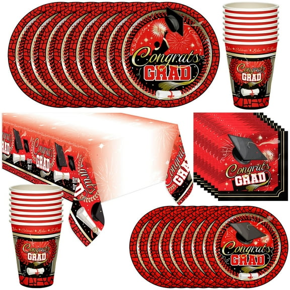 Red Graduation Party Tableware Deluxe Set for 24 Guests