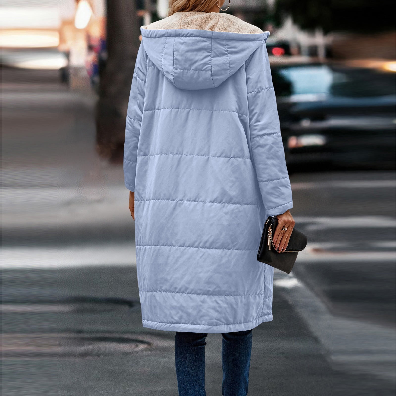 Fleece Jacket Women Long Puffer Coat Women Oversized Reversible Jackets Shearling Hooded Winter Fashion Coat Clothes Light Blue M