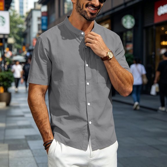 Mens Short Sleeve Cotton Linen Texture Shirt Casual Untucked Button Down Lightweight Shirts Summer Beach, XL