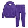 thumbnail image 7 of Girls Boys 2 Piece Sweatsuits Kids' Sweatsuit Set Solid Color Long Sleeve Zip Up Hooded Sweatshirt & Cargo Sweatpants Set,Purple,140, 7 of 7