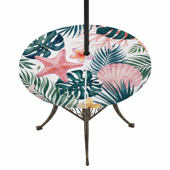 Round Outdoor Tablecloth with Umbrella Hole and Zipper, Summer Coastal Tablecloth with Elastic Waterproof, Beach Palm Leaves Coral Starfish Shell Patio Table Covers for 55" - 60" Picnic Pool Tables
