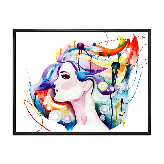 Designart 'Beautiful Young Woman With Colorful Hair' Traditional Framed Canvas Wall Art Print